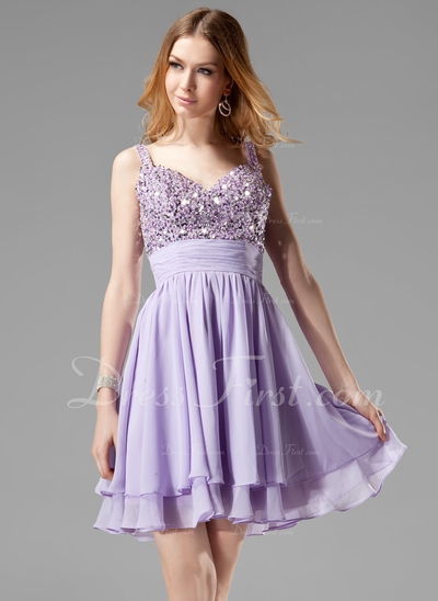 Vestidos princesa/ Formato A Decote V curto comprimento De chiffon Vestido de boas vindas com Pregue
