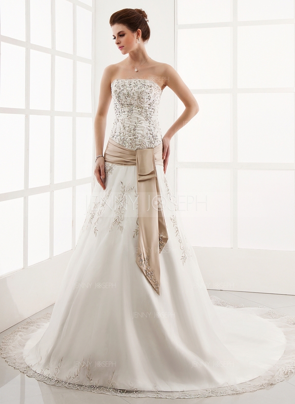 Vestidos princesa/ Formato A Sem Alças Comboios Catedral Organza de Cetim Vestido de noiva com Borda