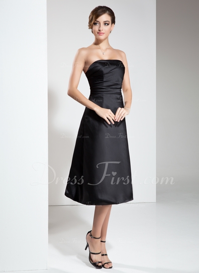 Vestidos princesa/ Formato A Sem Alças Joelho de comprimento Cetim Vestido leve preto com Pregueado 