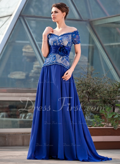 Vestidos princesa/ Formato A Sem o ombro Trem da varredura De chiffon Charmeuse Laço Vestido para a 