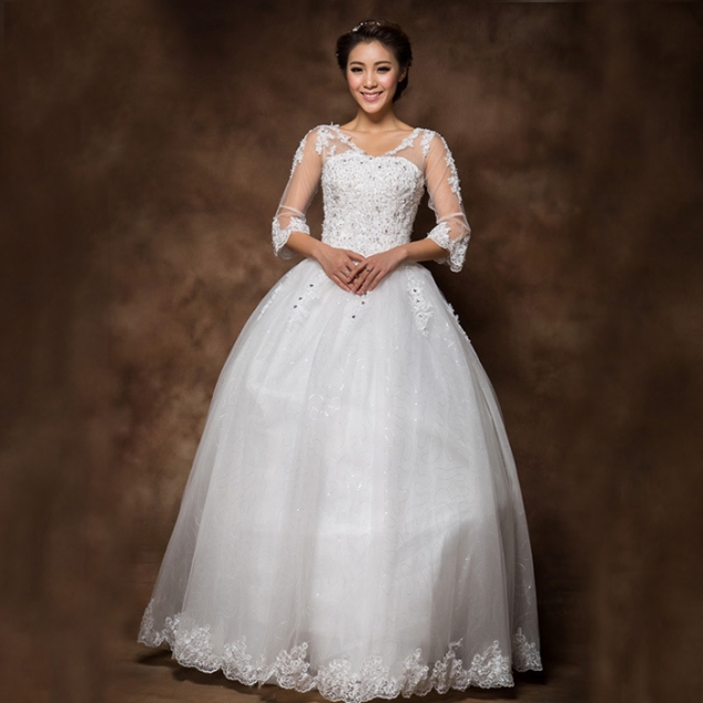 Vintage V-Neck Sequins Lace Hem 3/4 Length Sleeves Women's Lace Up Floor Length Wedding Dress