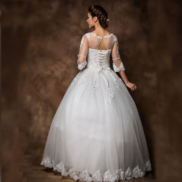 Vintage V-Neck Sequins Lace Hem 3/4 Length Sleeves Women's Lace Up Floor Length Wedding Dress - Image 2