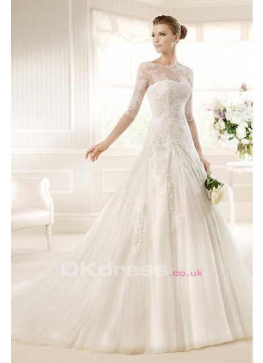 White A Line Sweetheart Court Train Tulle Wedding Dress With Long lace Sleeves