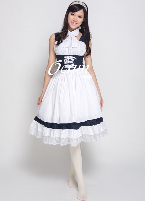 White And Royal Blue Cotton Cosplay Lolita Dress