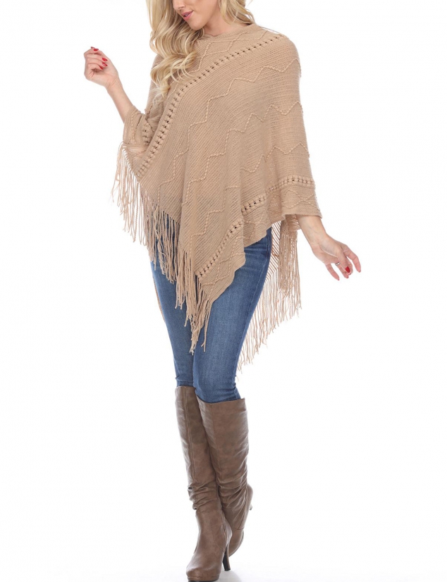 White Mark Women's Fernanda Whip-Stitched Fringe Poncho