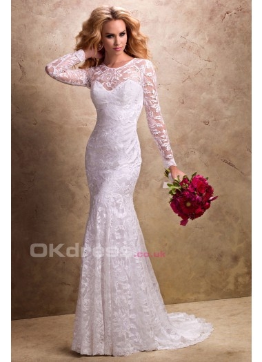 White Scoop Trumpet/Mermaid Chapel Train Wedding Dress With Full Sleeves