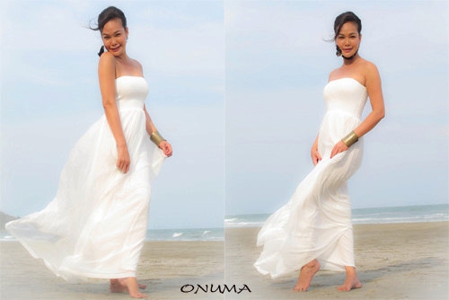 White silk chiffon Strapless Beach evening long maxi Sun dress