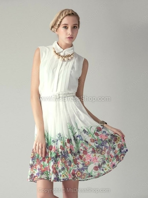 White Sleeveless Pearls Embellished Floral Print Dress for HPL