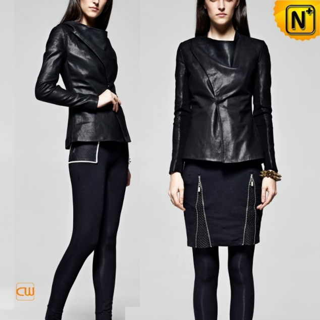 Women's Draped Leather Jacket Black CW614001