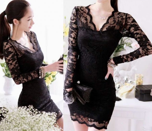 Women Sexy Black Long Sleeve Evening Party Cocktail Lace Mini Dress