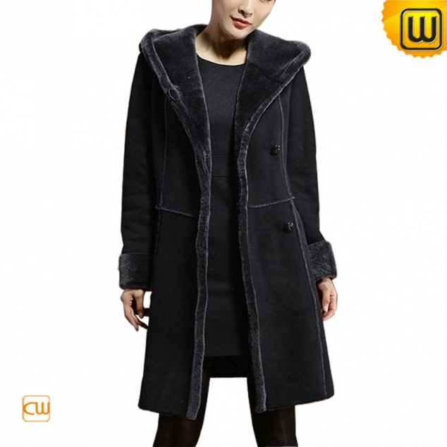 Women Sheepskin Shearling Hooded Coat Black CW640210
