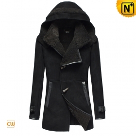 Womens Black Shearling Coat with Hood CW695118