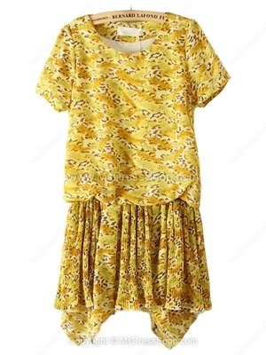 Yellow Short Sleeve Floral Pleated Chiffon Dress for HPL