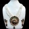 Green, Maroon and Off White Polki Imitation Studdded Necklace Set - Necklace