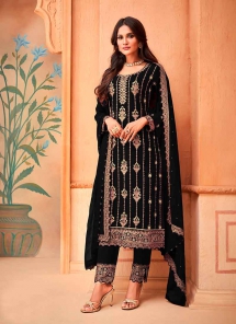 Black Thread Embroidered Faux Georgette Straight Cut Suit - Indian Ethnic Clothing