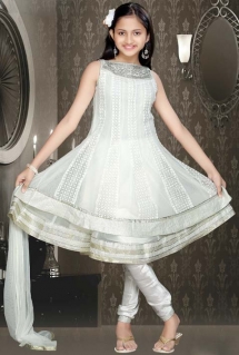 Off White Readymade Net Double Flair Churidar Kameez With dupatta - Kids' Wear