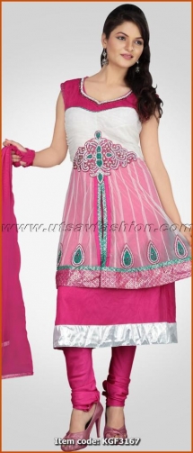 Deep Pink, Off White Net Churidar Kameez - Salwar Kameez