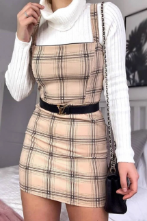 Camel Check Pinafore Dress - Comfy Clothes 