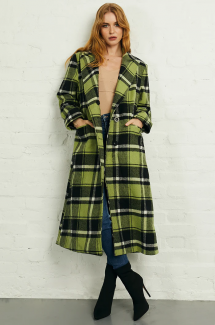 Double Breasted Long Coat in Green Black Check - Women's Clothes
