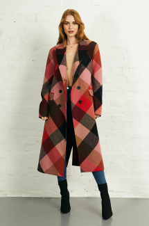 Double Breasted Long Coat in Red Black Bias Check - Women's Clothes