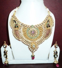  Green, Wine and Off White Stone Studded Necklace Set - Necklace