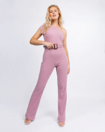 One Shoulder Rib Knit Jumpsuit in Pink | Laura - Women's Clothes