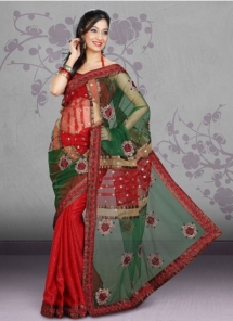 Red / Green Stylish Party Wear Saree With Nice Embroided Pallu - Most fave products