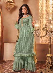 Saga Green Mirror Embroidered Georgette Sharara Suit - Salwar Kameez