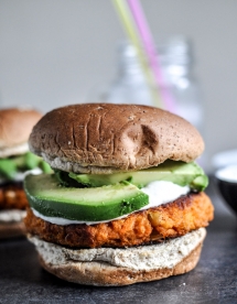 Smoky Sweet Potato Burgers with Roasted Garlic Cream and Avocado. - Sweet Potato Recipes
