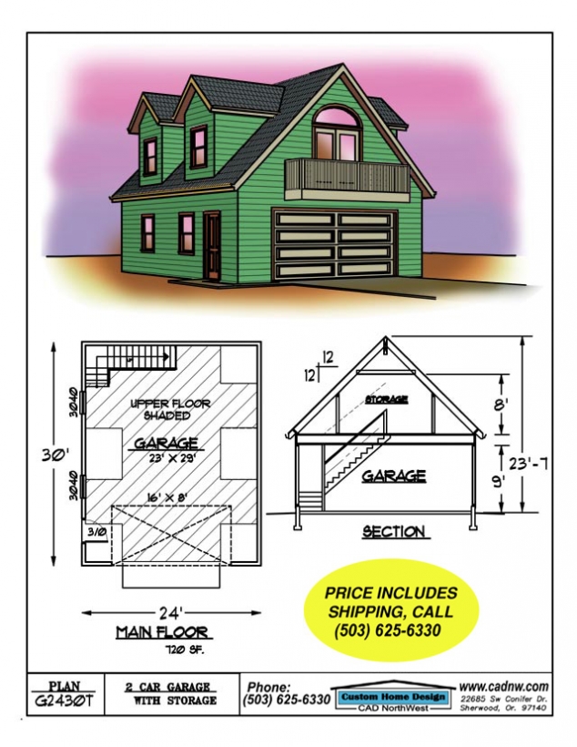 2 car garage with upper floor, dormers, and balcony