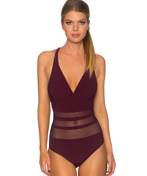 Aerin Rose Bordeaux - Underwire Lace Up Back One Piece Swimsuit