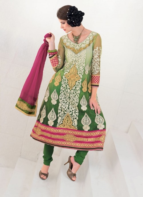 Attractive Look Green Embroidered salwar kameez With Magenta dupatta