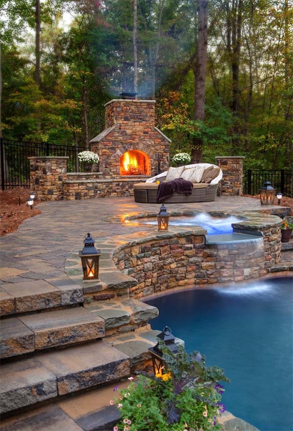 Backyard Fireplace With Hot Tub Pool, Patio With Fireplace And Hot Tub