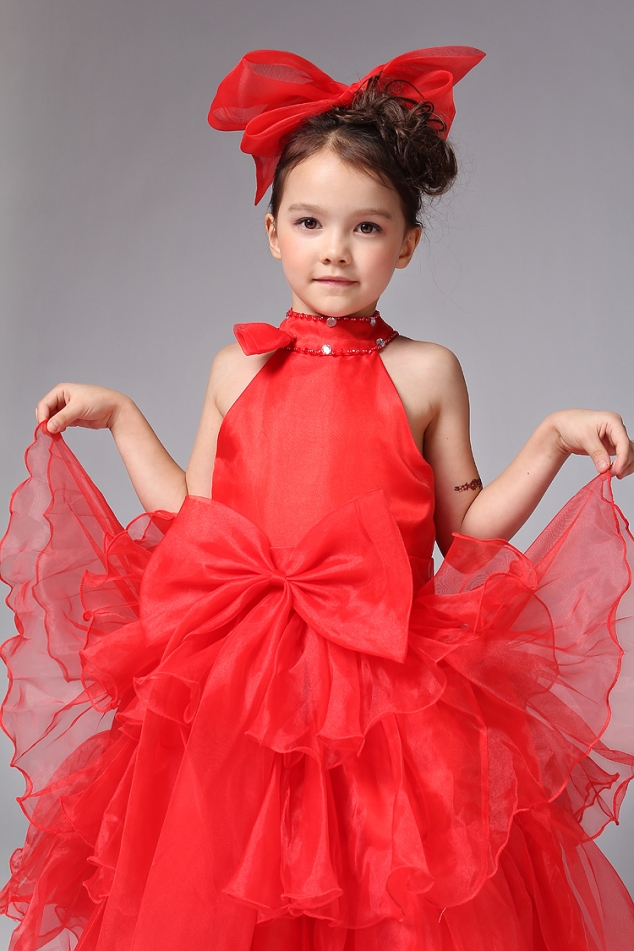 Ball Gown Organza Natural Waist Tea Length With Ruffles High Neck