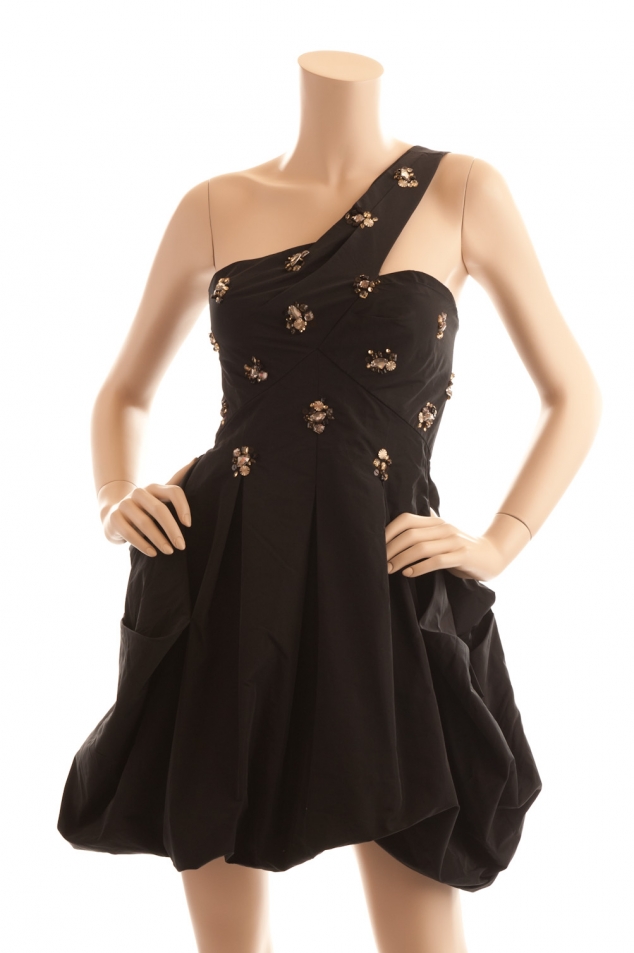bcbg one shoulder gown
