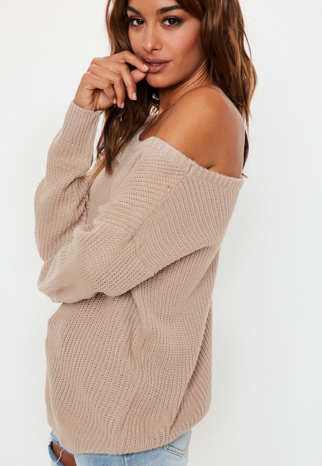 Beige Off Shoulder Knitted Sweater - Image 2