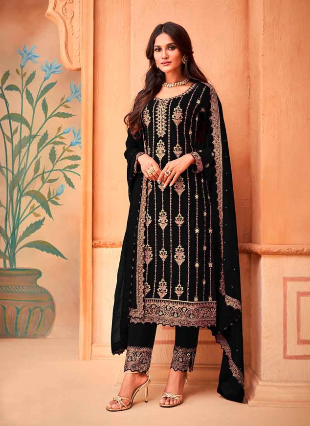 Black Thread Embroidered Faux Georgette Straight Cut Suit