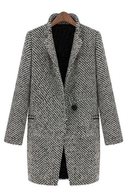 Black White Notch Stand Collar Long Sleeve Oversize Houndstooth Coat