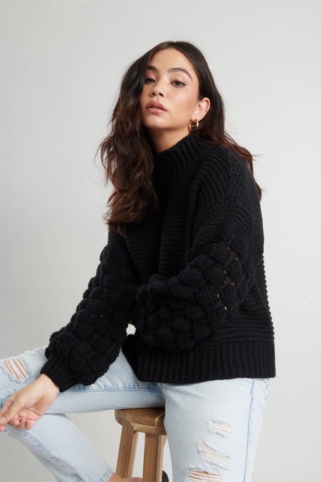 Bubbly Personality Bubble Sleeve Sweater in Wheat