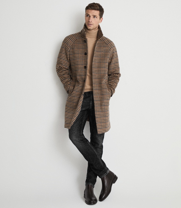 Checked Wool Blend Coat