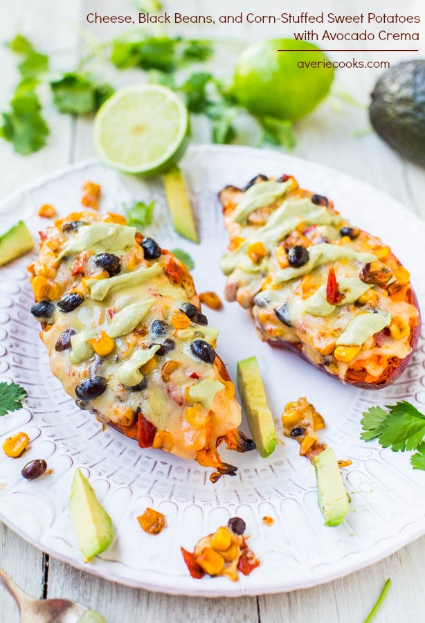 Cheese, Black Beans, and Corn-Stuffed Sweet Potatoes with Avocado Crema