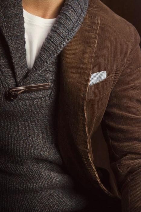 Corduroy blazer over shawl collar sweater