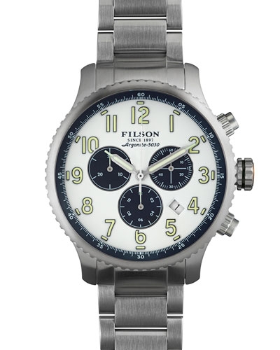 Filson Watches 43mm Mackinaw Field Chrono Watch with Link Bracelet, White