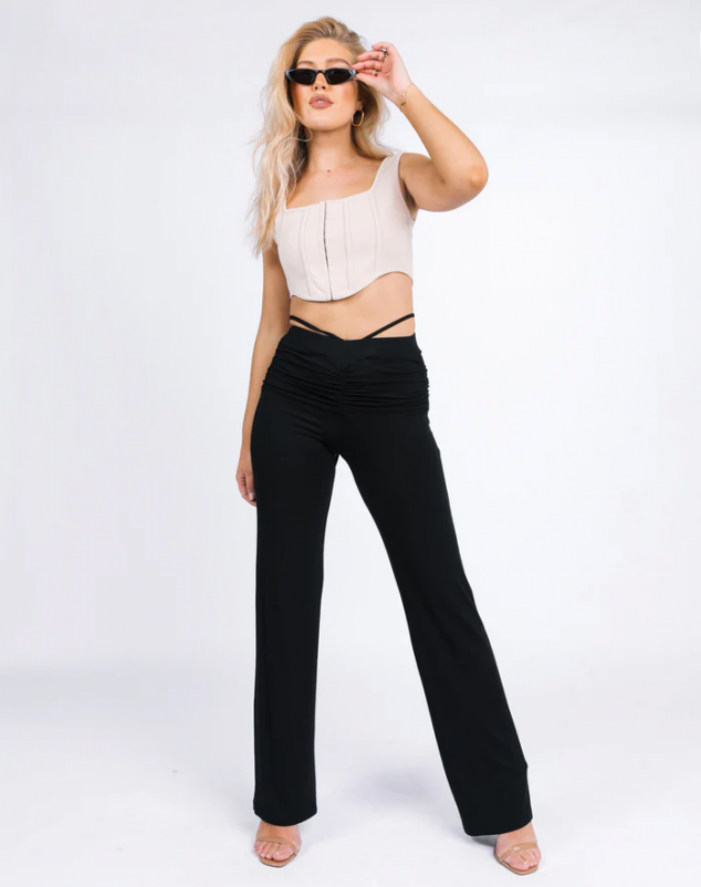 Flared Trousers With Ruching Tie in Black