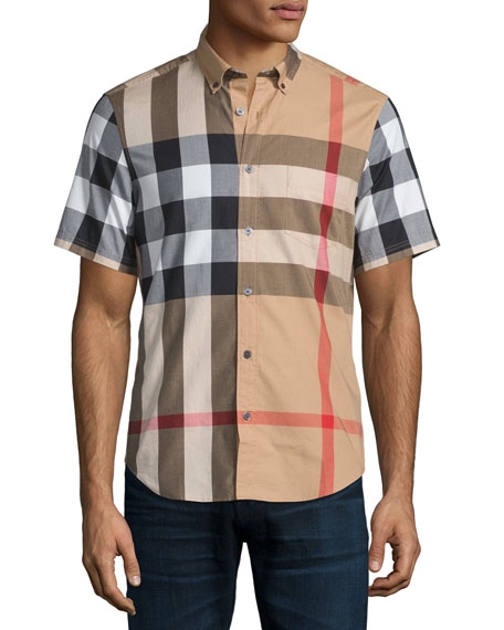 Versace Check Short-Sleeve Woven Shirt, Camel