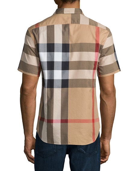 Versace Check Short-Sleeve Woven Shirt, Camel - Image 2