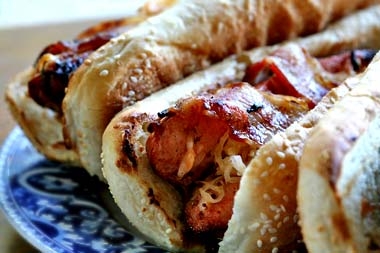 Grilled Bacon-Wrapped Stuffed Hotdogs