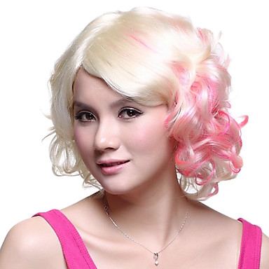 High Quality Capless Synthetic Golden and Pink Fasional Short Wavy Hair Wigs