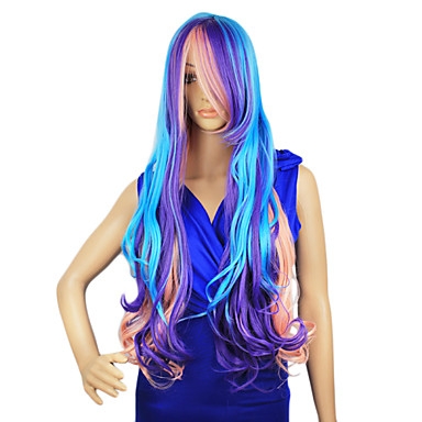 High Quality Capless Synthetic Green Purple Pink Mixed Color Long Curly Lolita Wig