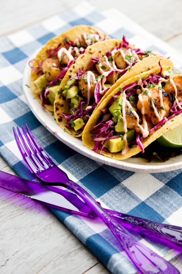 Honey Lime Tequila Shrimp Tacos with Avocado, Purple Slaw & Chipotle ...